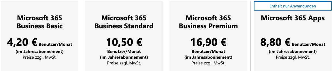 Preistabelle von Microsoft